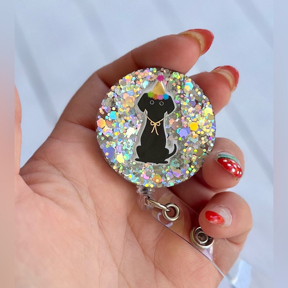 Party Dog Glitter Handmade Resin Badge Reel